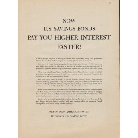 1957 U.S. Savings Bonds Ad "Pay You Higher Interest Faster!"