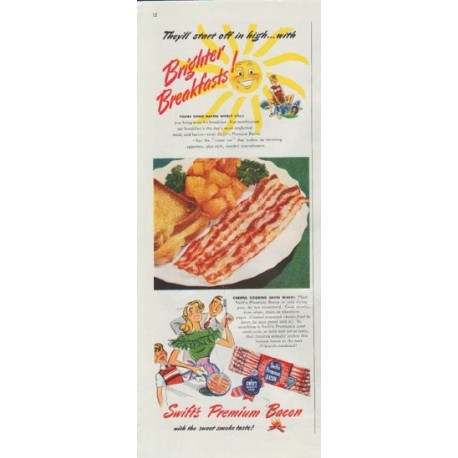 1948 Swift's Premium Bacon Ad "Brighter Breakfasts!"