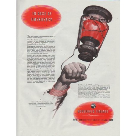 1948 Household Finance Corporation Ad "In Case Of Emergency"