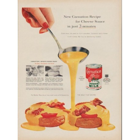 1954 Carnation Milk Ad "Cheese Sauce in just 3 minutes"