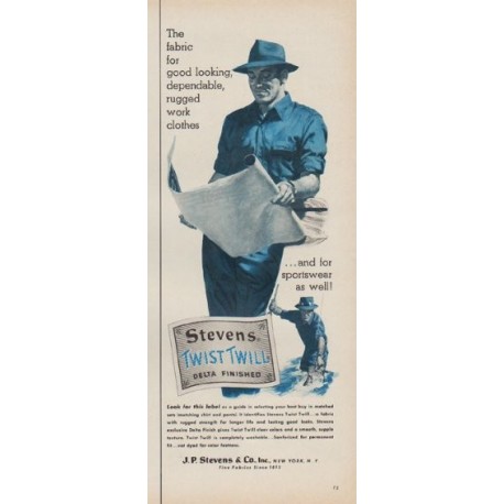 1954 Stevens Twist Twill Ad "rugged work clothes"