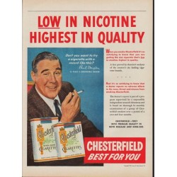 1953 Chesterfield Cigarettes Ad "Low In Nicotine"