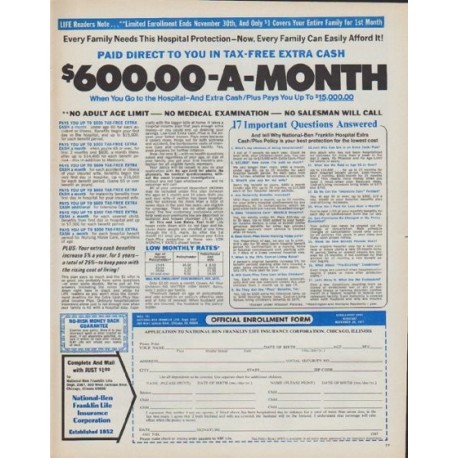 1971 Ben Franklin Life Insurance Ad "$600.00-A-Month"