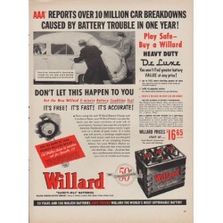 1952 Willard Batteries Ad "Over 10 Million Car Breakdowns"