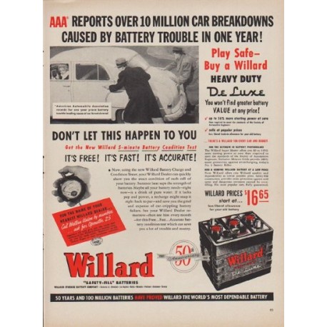 1952 Willard Batteries Ad "Over 10 Million Car Breakdowns"