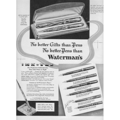 1937 Waterman's Pens Ad "No Better Gifts"