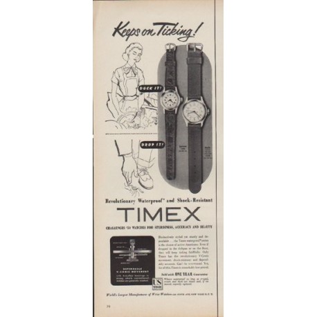 1953 Timex Ad "Keeps on Ticking!"