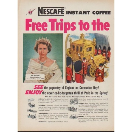 1953 Nescafe Ad "Free Trips"