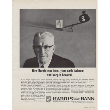 1963 Harris Bank Ad "How Harris can boost your cash balance"