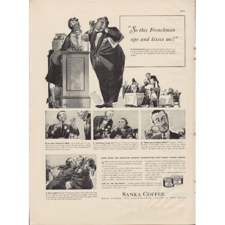 1938 Sanka Coffee Ad "Frenchman Kisses Me!"