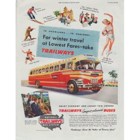1948 National Trailways Bus System Ad "For winter travel"