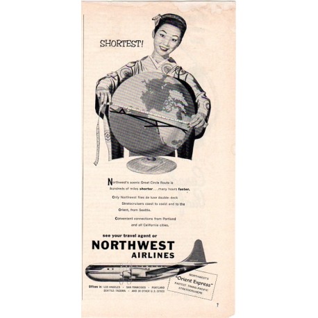 1953 Northwest Airlines Ad "Shortest!"
