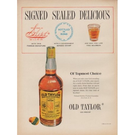 1950 Old Taylor Ad "Signed Sealed Delicious"