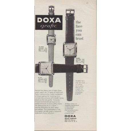 1959 Doxa Grafic Watch Ad "The Face You Can Trust"