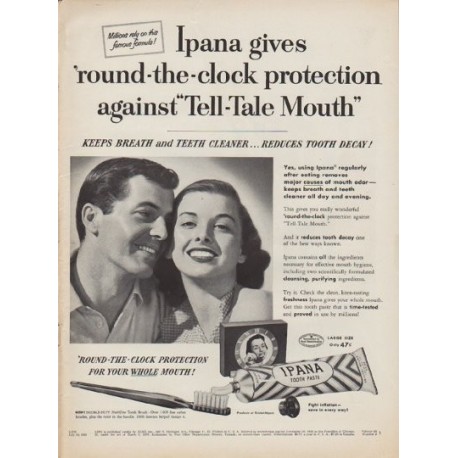 1952 Ipana Tooth Paste Ad "round-the-clock protection"