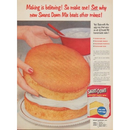 1954 Swans Down Cake Mix Ad "Making is believing"