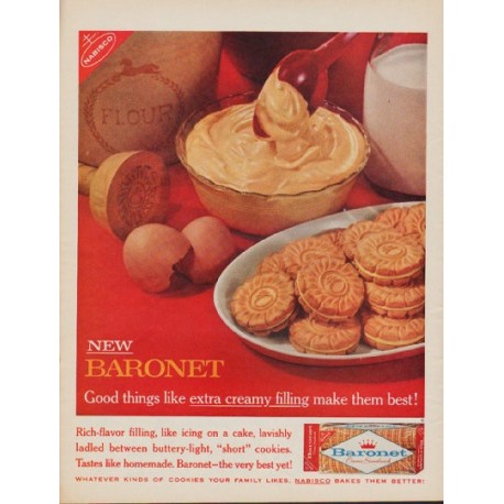 1961 Baronet Cookies Ad "extra creamy filling"