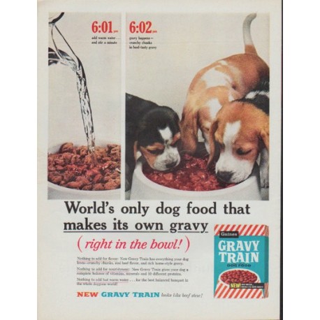 1961 Gravy Train Dog Food Ad "World's only dog food"