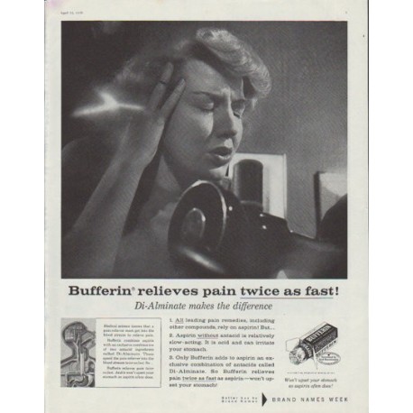 1958 Bufferin Ad "twice as fast"