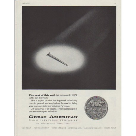 1958 Great American Group of Insurance Companies Ad "this nail"