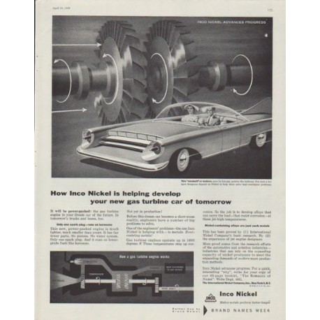 1958 Inco Nickel Ad "gas turbine car of tomorrow"