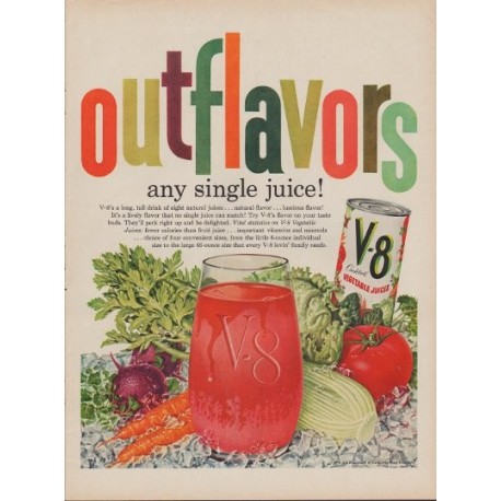 1960 V-8 Vegetable Juice Ad "Outflavors"