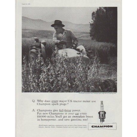 1958 Champion Spark Plugs Ad "In tractors"