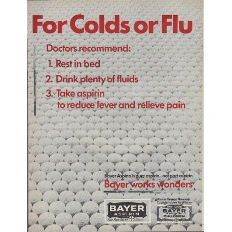 1967 Bayer Aspirin Ad "For Colds Or Flu"