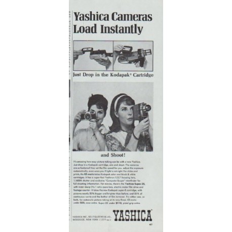 1965 Yashica Camera Ad "Yashica Cameras Load Instantly"