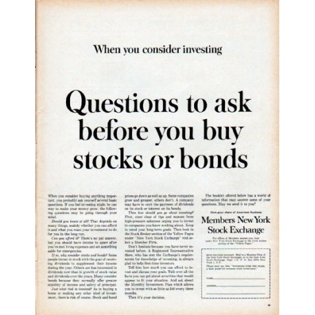 1961 Members New York Stock Exchange Ad "Questions to ask"