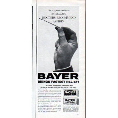 1962 Bayer Aspirin Ad "For the pains and fever"