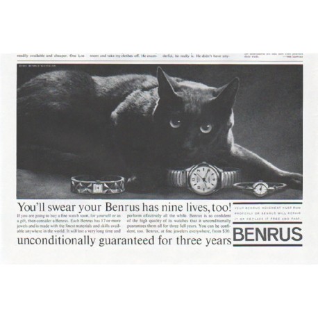 1961 Benrus Watch Ad "nine lives"