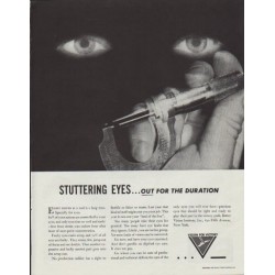 1942 Better Vision Institute Ad "Stuttering Eyes ... out for the duration"