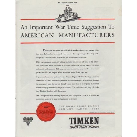 1942 Timken Ad "An Important War Time Suggestion"