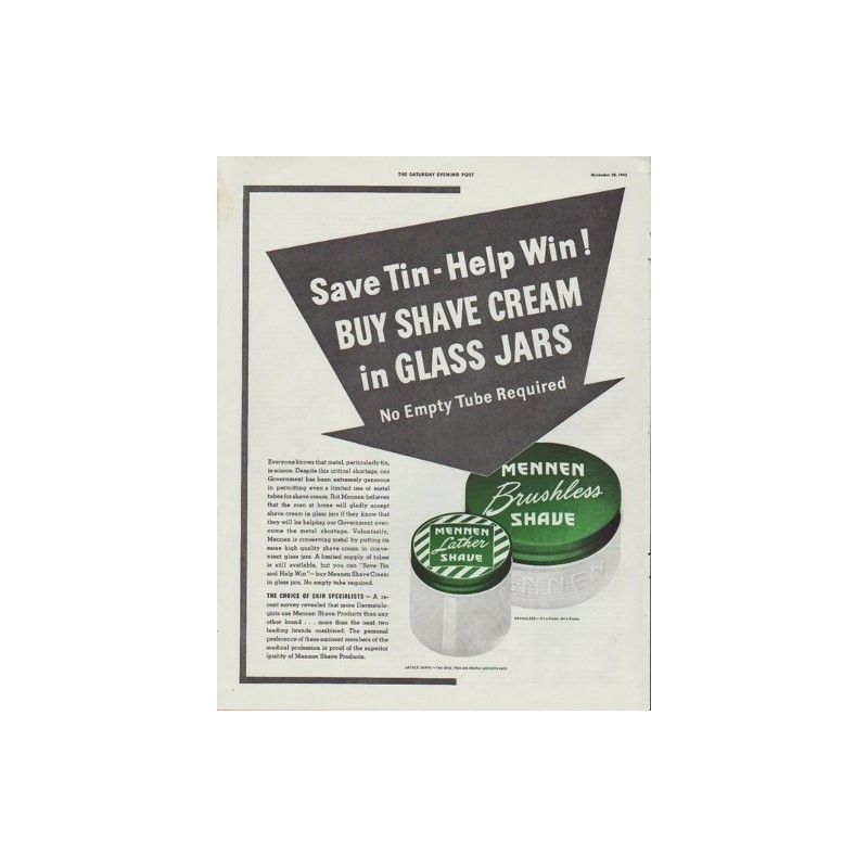 1942 Mennen Ad Save Tin - Help Win!
