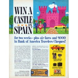 1966 Bank of America Travelers Cheques Ad "Win A Castle"