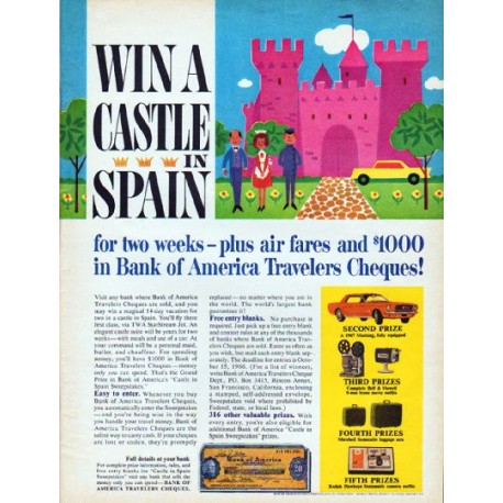 1966 Bank of America Travelers Cheques Ad "Win A Castle"