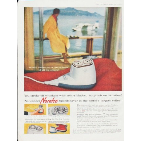 1959 Norelco Shaver Ad "stroke off whiskers"