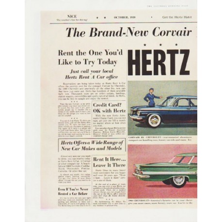 1959 Hertz Rent a car Ad "The Brand-New Corvair and the 1960 Chevrolet"