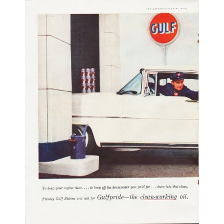 1957 Gulfpride Motor Oil Ad "To keep your engine clean"