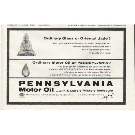 1961 Pennsylvania Motor Oil Ad "Ordinary Glass"