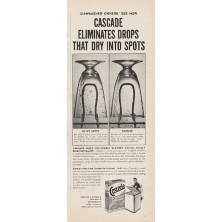 1961 Cascade Detergent Ad "Eliminates Drops"