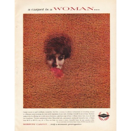 1961 Roxbury Carpet Ad "a carpet is a Woman"