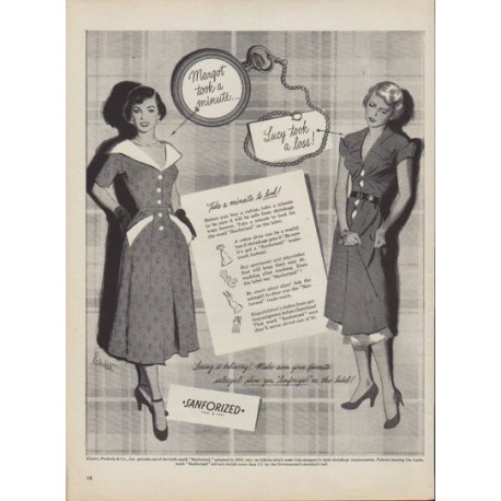 1950 Sanforized Ad "Margot took a minute ... Lucy took a loss!"