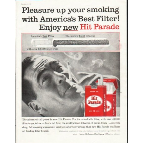 1958 Hit Parade Cigarettes Ad "Pleasure up your smoking"