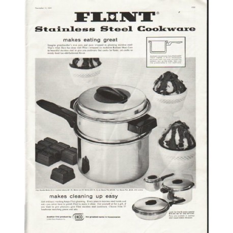 1958 Flint Cookware Ad "makes eating great"