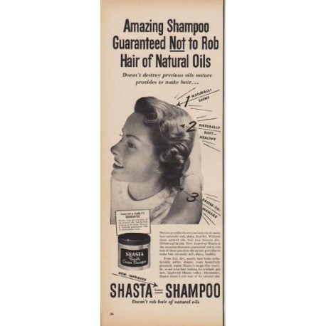 1950 Shasta Shampoo Ad "Amazing Shampoo Guaranteed Not to Rob Hair"