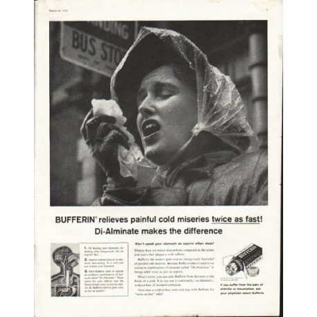 1958 Bufferin Ad "painful cold miseries"