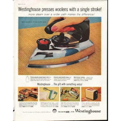 1958 Westinghouse Ad "presses woolens"