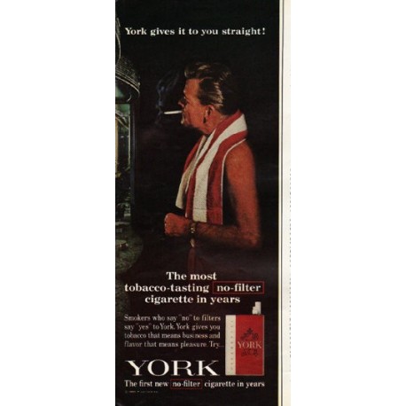 1965 York Cigarettes Ad "gives it to you straight"